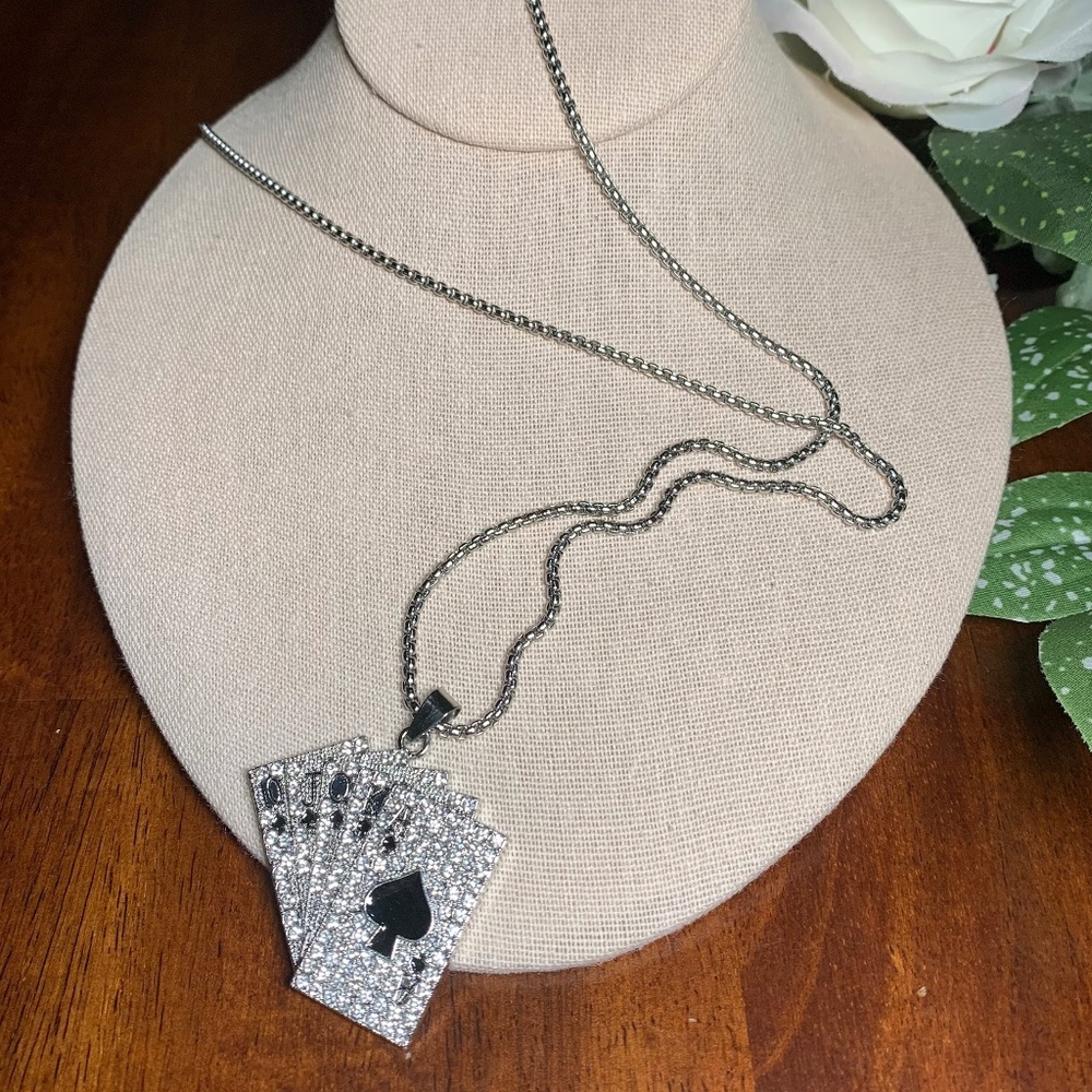 Royal Flush Crystal Playing Card Necklace, Unisex, 26”